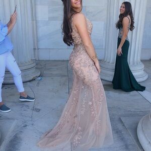 Sherri Hill Nude Floral Lace Prom Dress